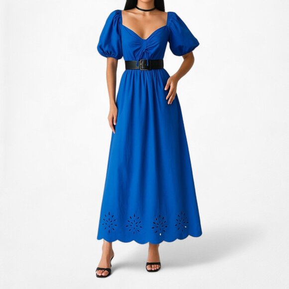 Lauren Conrad Blue Puffy Sleeve Cutout Babydoll Shift Midi Dress Size M - Picture 1 of 7